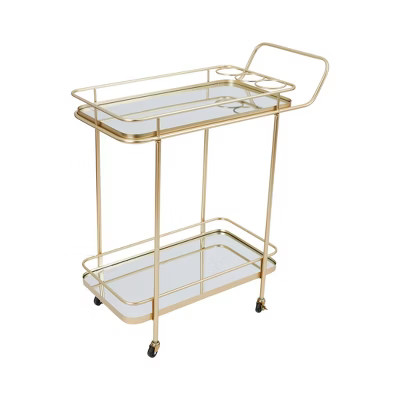 Storied Home Metal and Glass 2-Tier Mirrored Bar Cart on Wheels Gold: Elegant Serving Trolley with Casters | Target