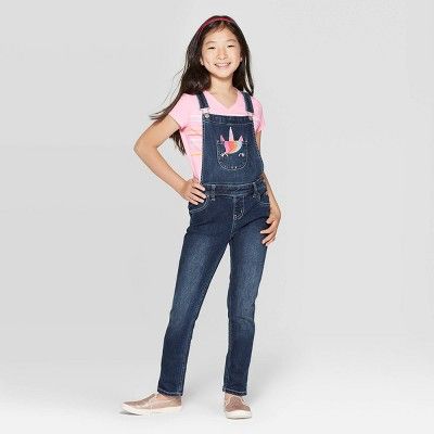 Girls' Embroidered Unicorn Jeans Overalls - Cat & Jack™ Dark Wash | Target