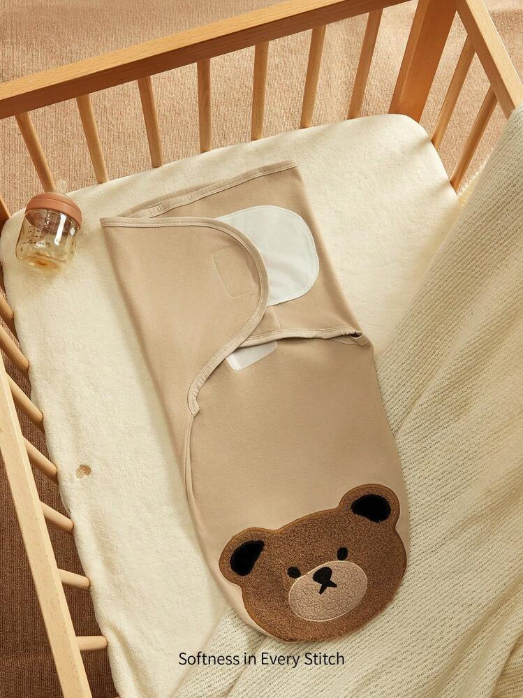 Cozy Pixies 1pc Soft And Skin-Friendly Khaki Baby Swaddle With Teddy Bear Embroidery Patch, Single Layer | SHEIN