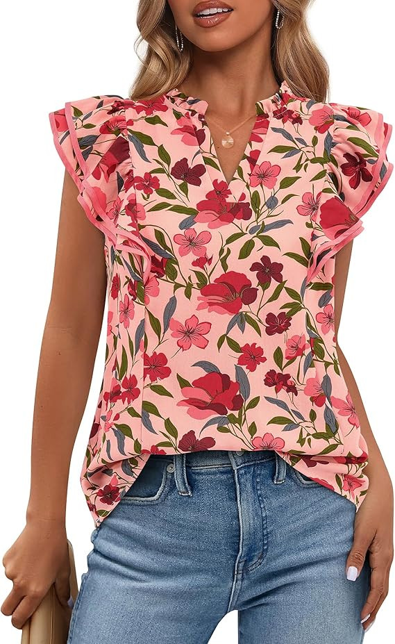BTFBM Womens Tops Dressy Casual 2026 Spring Summer Shirts Boho Floral V Neck Ruffle Cap Sleeve Bu... | Amazon (US)