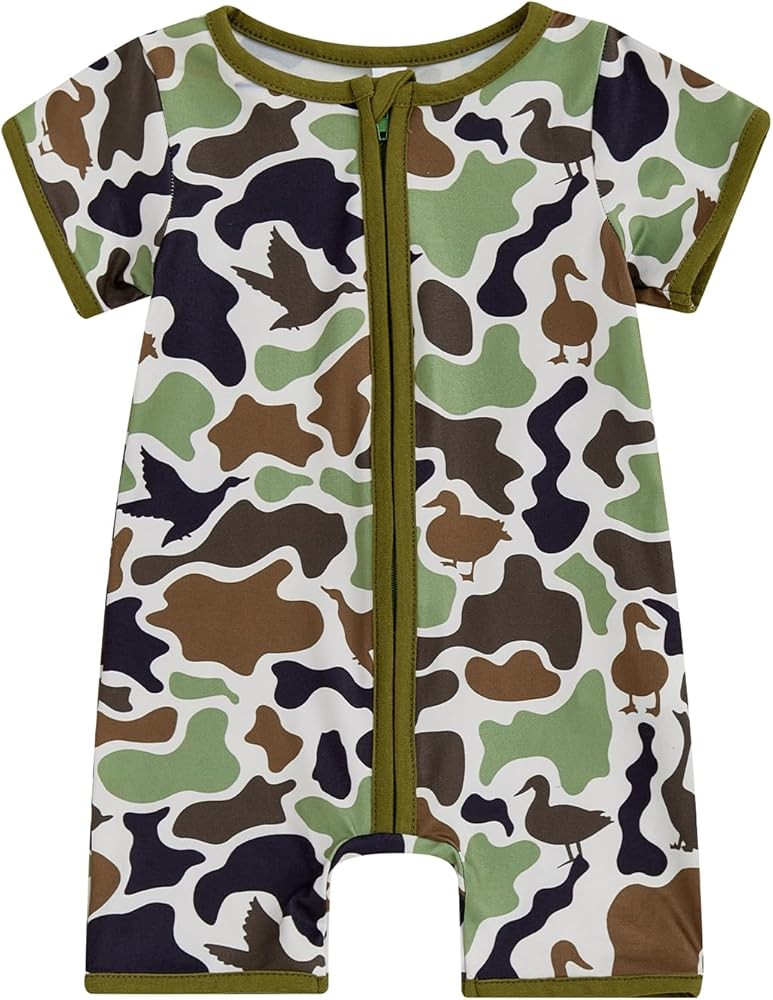 Newborn Baby Boy Hunting Clothes Duck Camo Short Sleeve Zip Up Romper Jumspuit One-Piece Bodysuit... | Amazon (US)