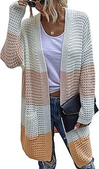 Theenkoln Women's Knit Cardigans Color Block Striped/Solid Color Draped Long Sleeve Open Front Sw... | Amazon (US)