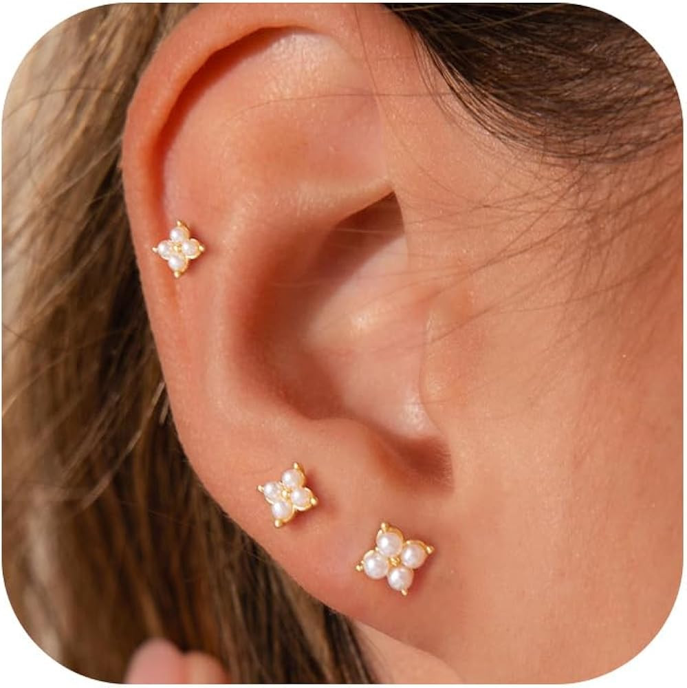 3 Pairs Small Flat Back Stud Earrings for Women-14K Gold Plated Hypoallergenic Dainty Screw Back ... | Amazon (US)