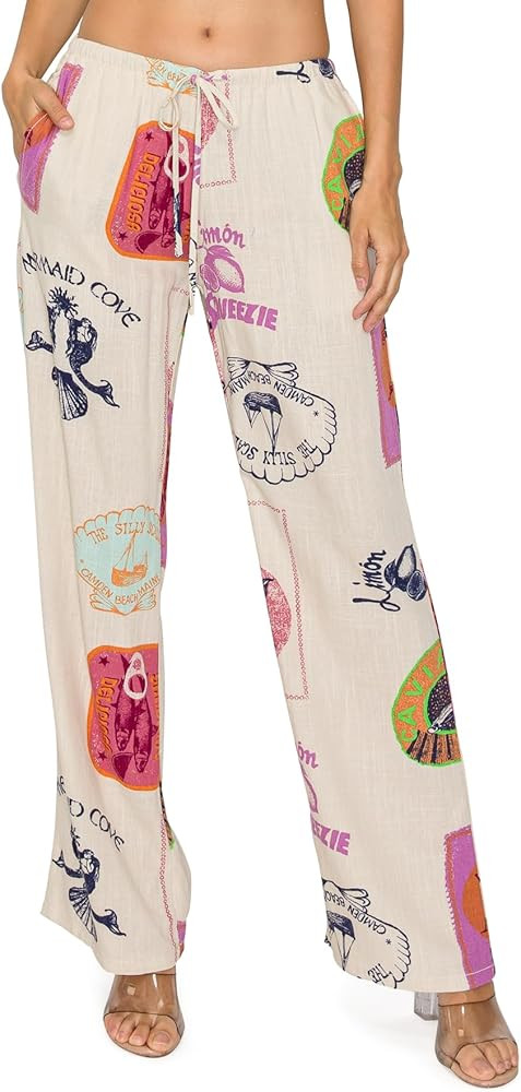 Cali1850 Women's Printed Linen Pants - 30" Inseam Drawstring Elastic Waist Casual Pull On Beach L... | Amazon (US)