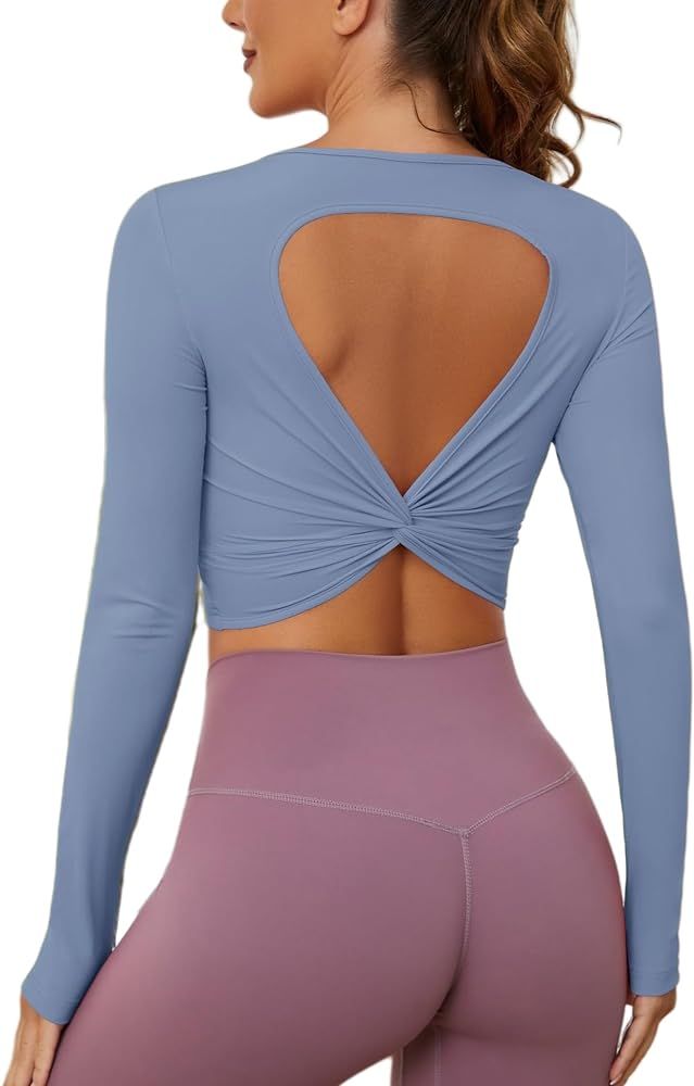 Loovoo Long Sleeve Crop Top for Women Sexy Open Back Outfits Lady Crew Neck Slim Fit Yoga Shirt w... | Amazon (US)
