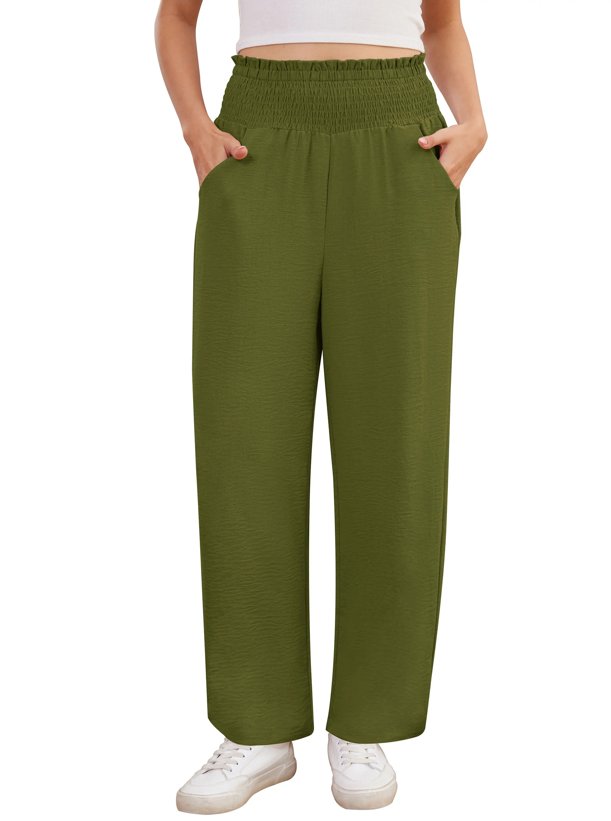 Asklazy Wide Leg Pants for Women Lightweiht Elastic Waisted Palazzo Trousers,US Size,Fern Green,X... | Walmart (US)