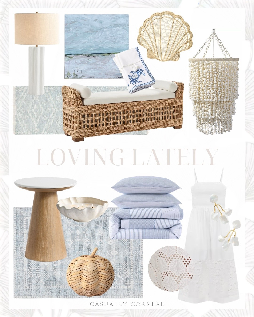 Loving Lately

Coastal home, coastal style, coastal rugs coastal chandelier, coastal bench, coastal side table, coastal pumpkin, coastal dress, coastal lamp, blue rug, ribbed ceramic table lamp, Serena & lily rug, runner rug, 2.6x7 rug, Etsy wall art, coastal wall art, salt and surf art, storage rattan upholstered bench, crab embroidered napkins, shell placemat, shell chandelier, round quartz side table, wayfair rug, 5x8 rug, shell candle, coastal bedding, cotton reversible comforter, woven fall pumpkin, tuckernuck dress, white smocked seashell embroidered dress, mother of pearl earrings

#LTKHome