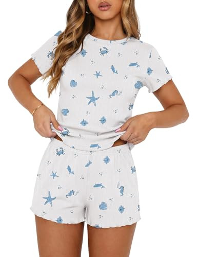 Ekouaer Cute Pajama Sets for Women 2 Piece Short Sleeve Ribbed Pjs Crop Top and Shorts Sleepwear ... | Amazon (US)