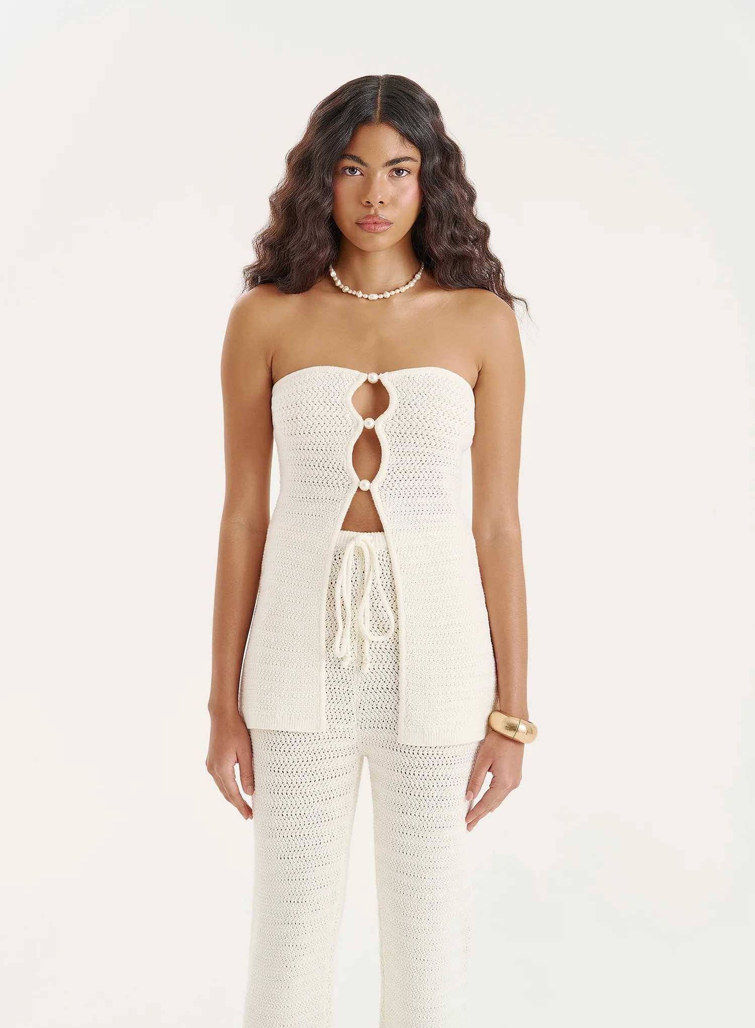 Cream Knitted Bandeau Pearl Trim Top- Gigi | 4th & Reckless