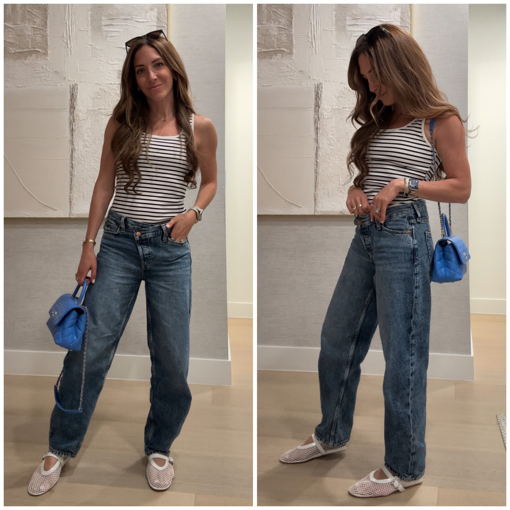 Simple every day look. Wearing asymmetric barrel jeans, white mesh ballet slippers, white and black striped tank, blue coco handle  

#LTKStyleTip #LTKSeasonal #LTKFindsUnder100