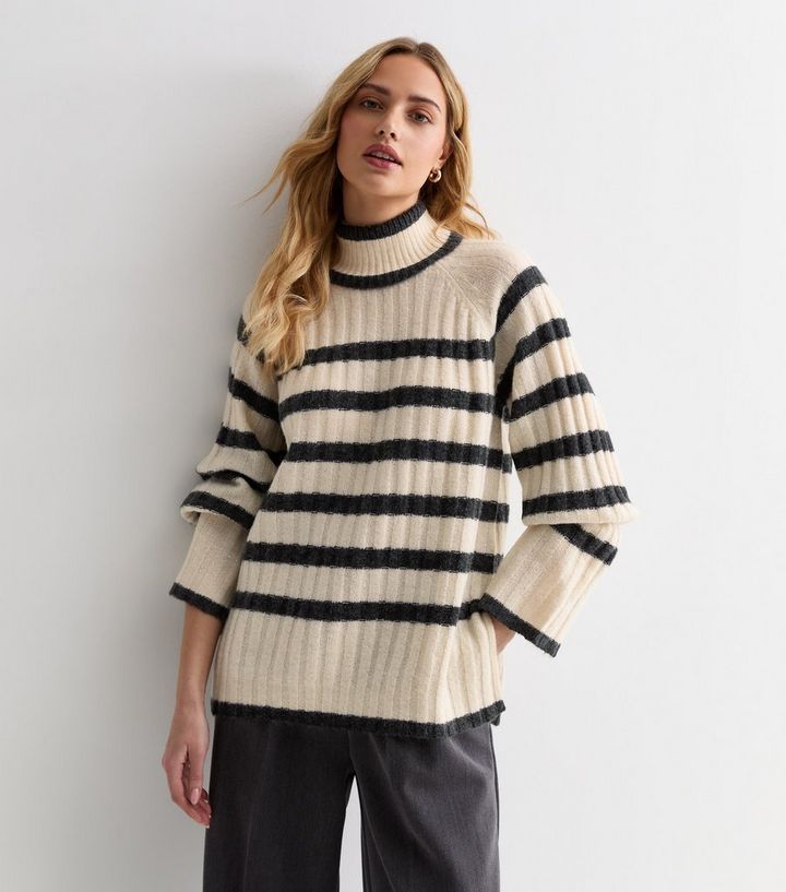 JDY Off White Stripe Knit High Neck Jumper | New Look | New Look (UK)