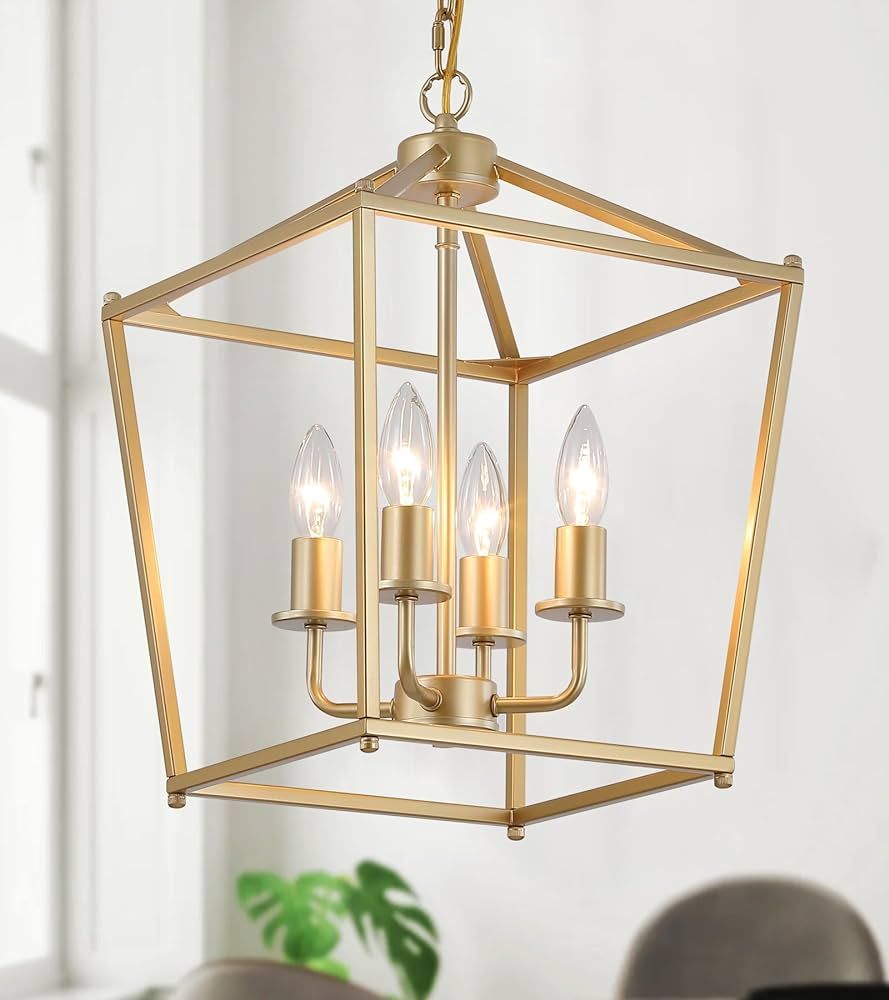 Industrial 4 Lights Chandelier, Gold Lantern Ceiling Light Fixtures with Rustic Metal Cage Adjust... | Amazon (US)