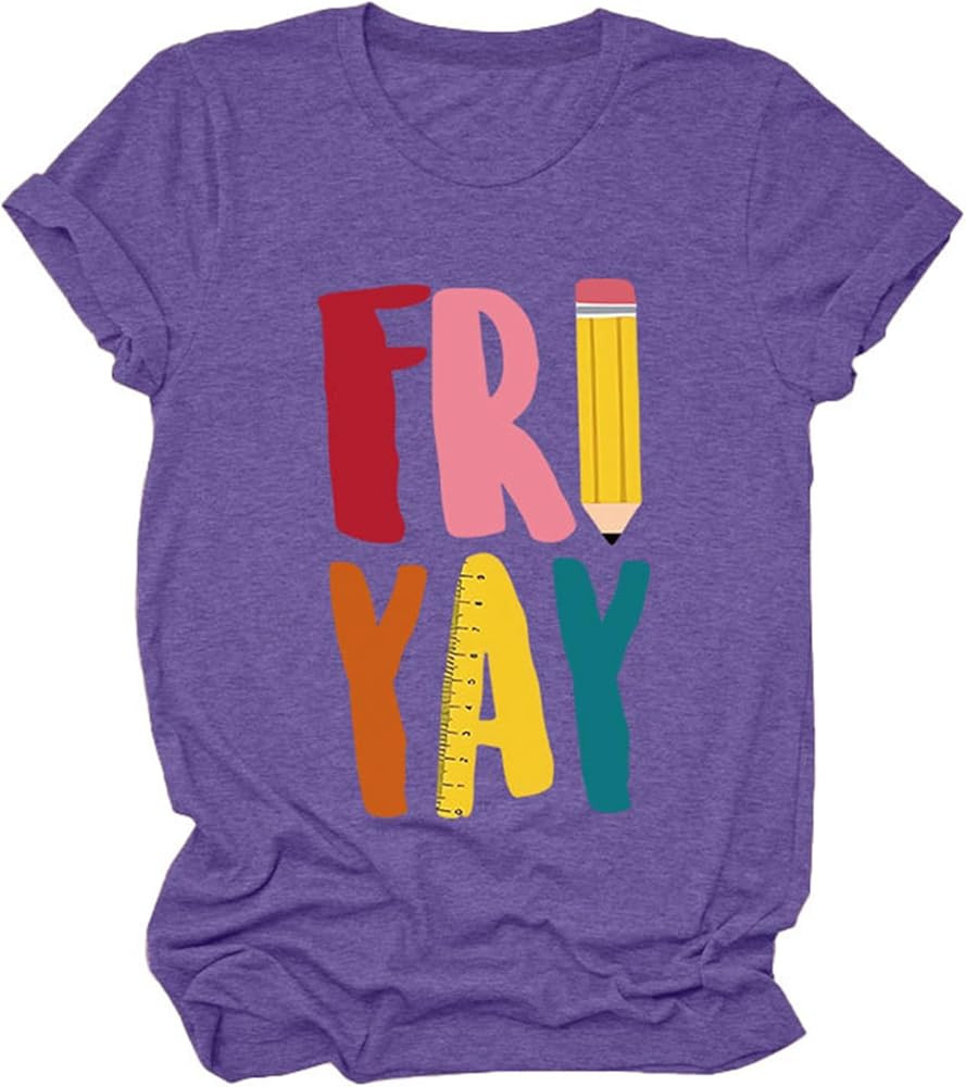 Happy Friyay Teacher Shirts for Women Funny Fri Yay Graphic T-Shirt Friday Weekend Holiday Shirt ... | Amazon (US)