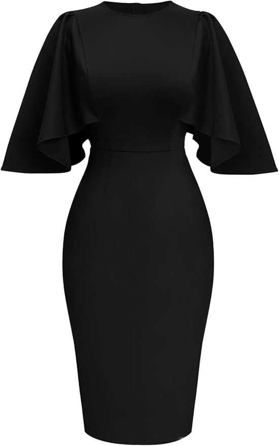 Memoriesea Women's Ruffle Flared Sleeve Bodycon Pencil Formal Cocktail Midi Dress | Amazon (US)