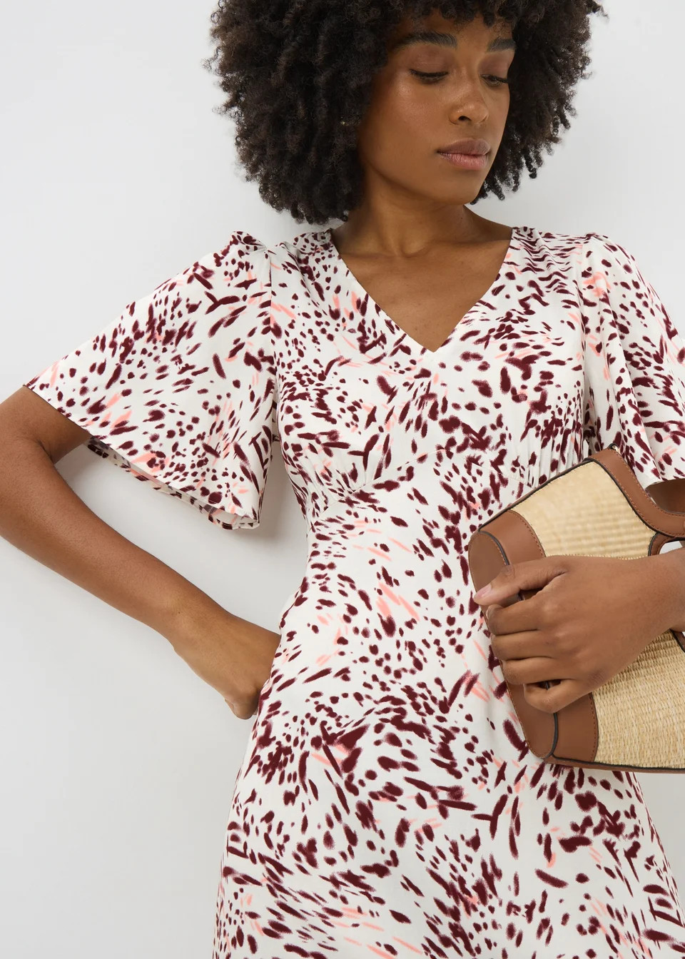 Burgundy Spot Print V Neck Midi Dress | Matalan (UK)