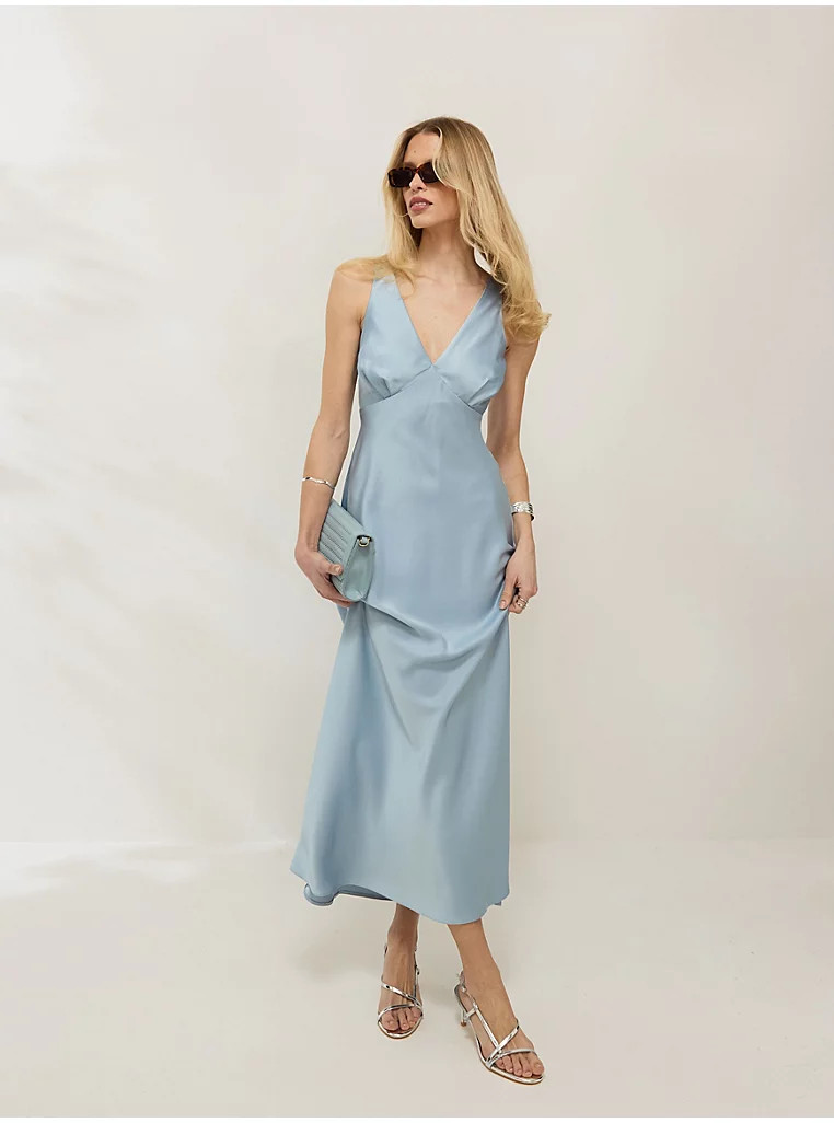 Light Blue Plunge Sleeveless Satin Maxi Dress | George