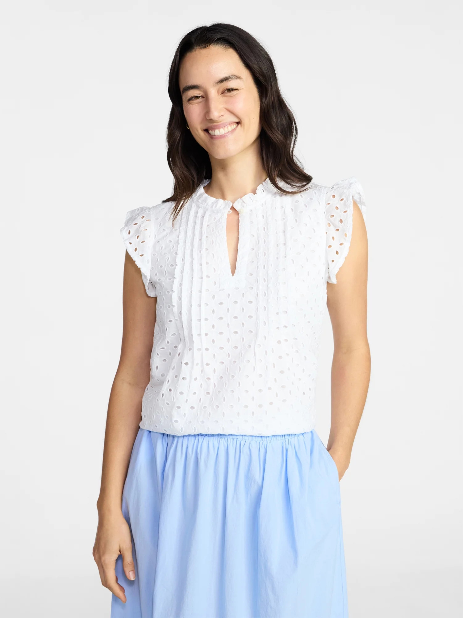 Time and Tru Women's Cotton Eyelet Top with Short Flutter Sleeves, Sizes XS-XXXL | Walmart (US)