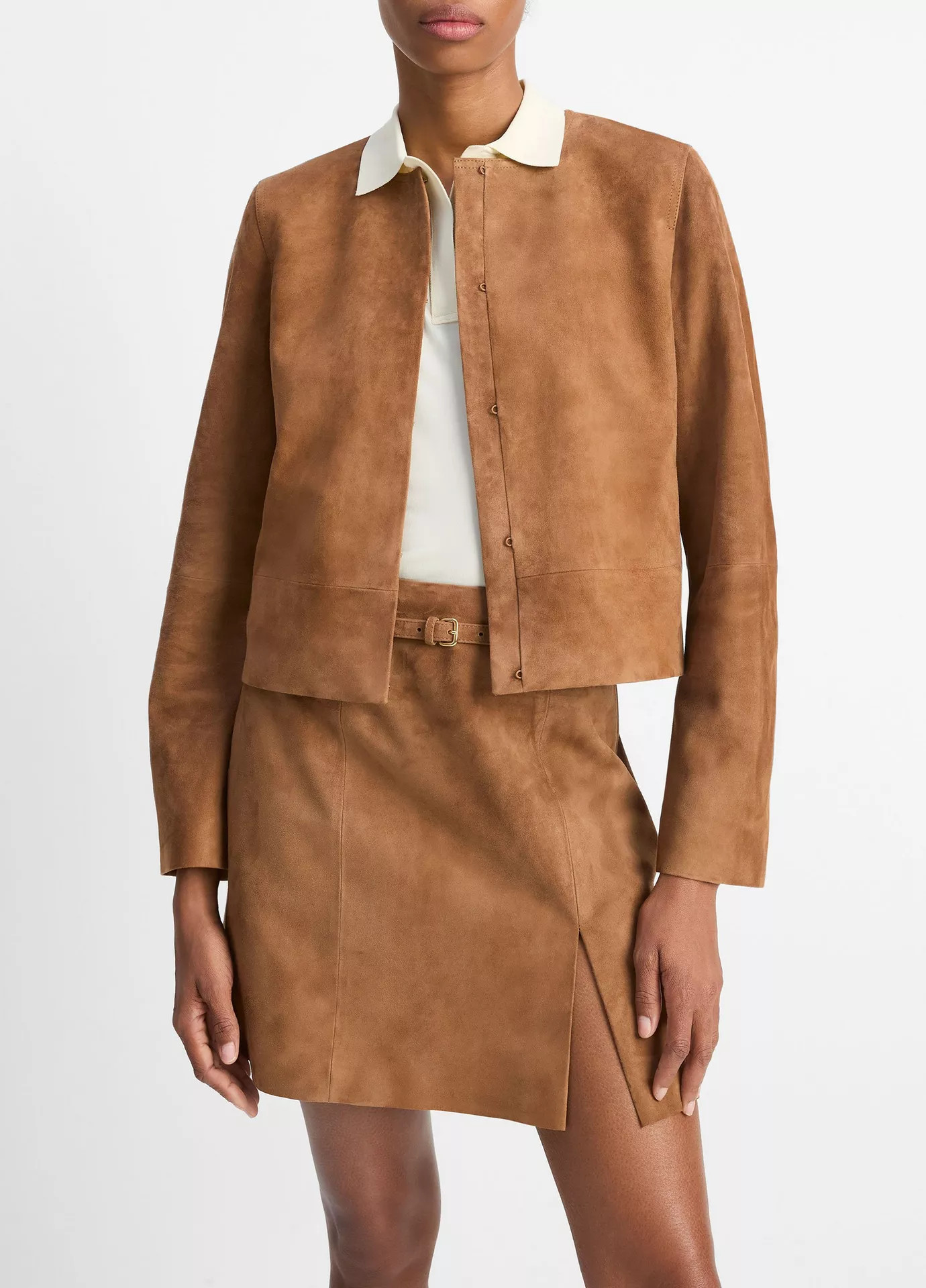 Collarless Cropped Suede Jacket | Vince LLC