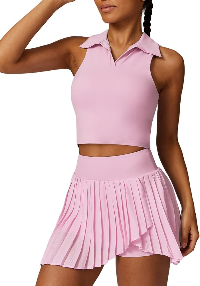 2 Piece Tennis Dress for Women Pleated Tennis Skirt Sleeveless Racerback Padded Crop Top Golf Wor... | Amazon (US)
