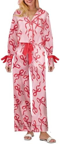Luckinbaby Women Christmas Satin 2 Piece Pajamas Set Bow Tie Long Sleeve Shirts Pants Santa Claus... | Amazon (US)