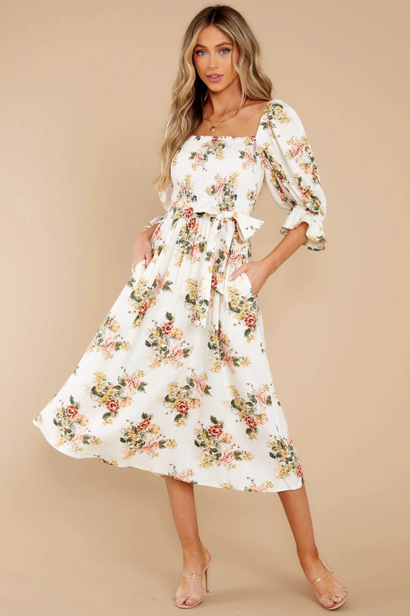 Make Believe Off White Floral Print Midi Dress | Red Dress 