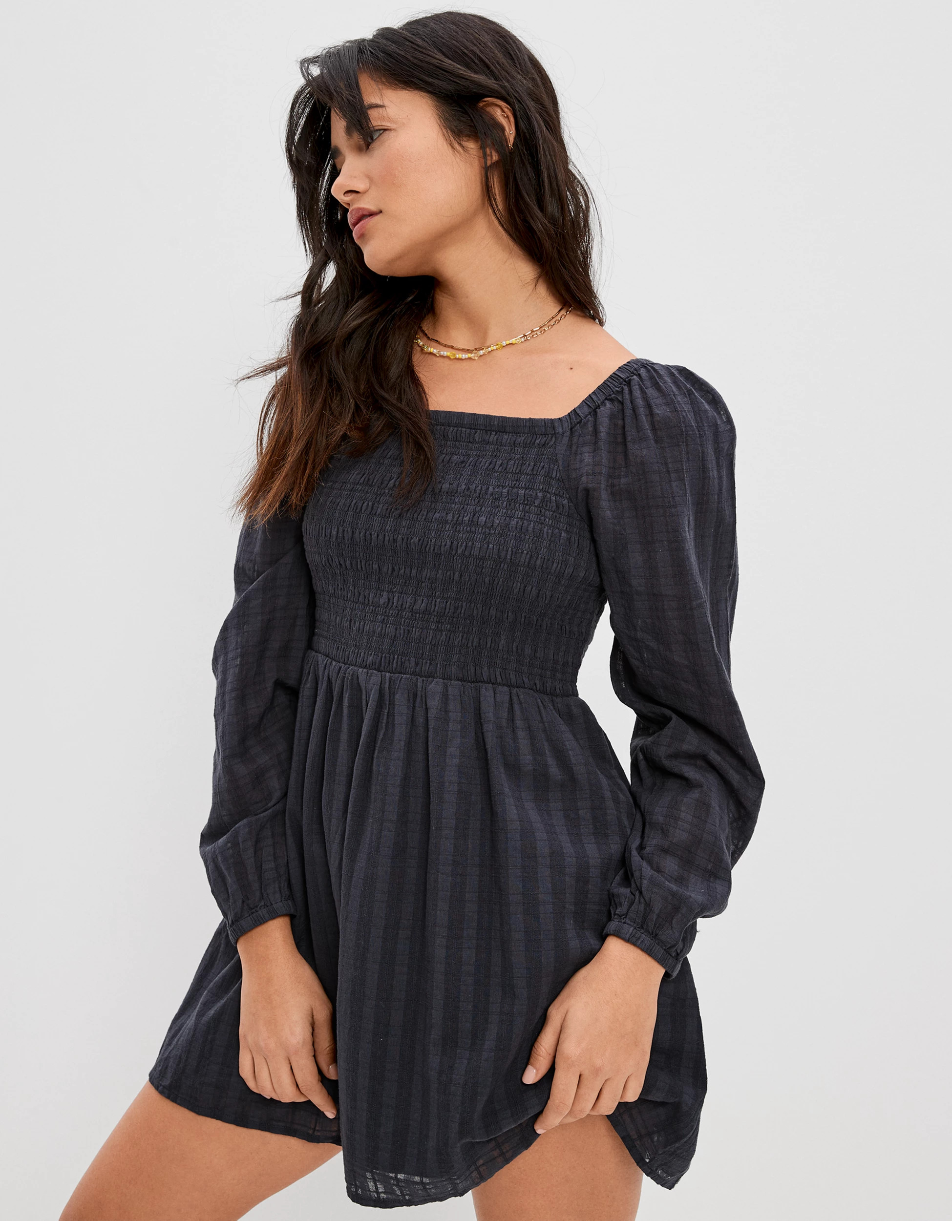 AE Smocked Tiered Long-Sleeve Mini Dress | American Eagle Outfitters (US & CA)