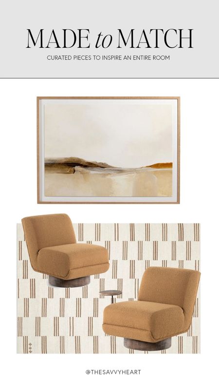 Carmel, beige, greige and cream striped rug, abstract artwork and armless chair combination
