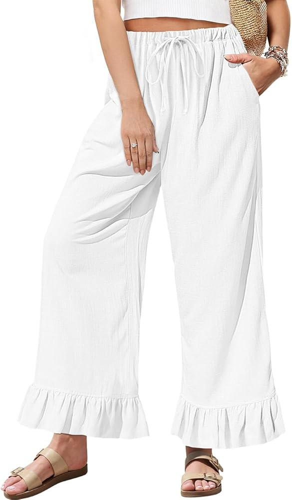 TARSE Women’s Linen Casual Pants Flared Leg Wide Leg Drawstring Ruffle Harem Palazzo Pants with... | Amazon (US)