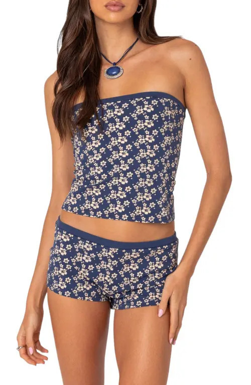 EDIKTED Flower Power Stretch Cotton Tube Top in Blue at Nordstrom, Size Small | Nordstrom