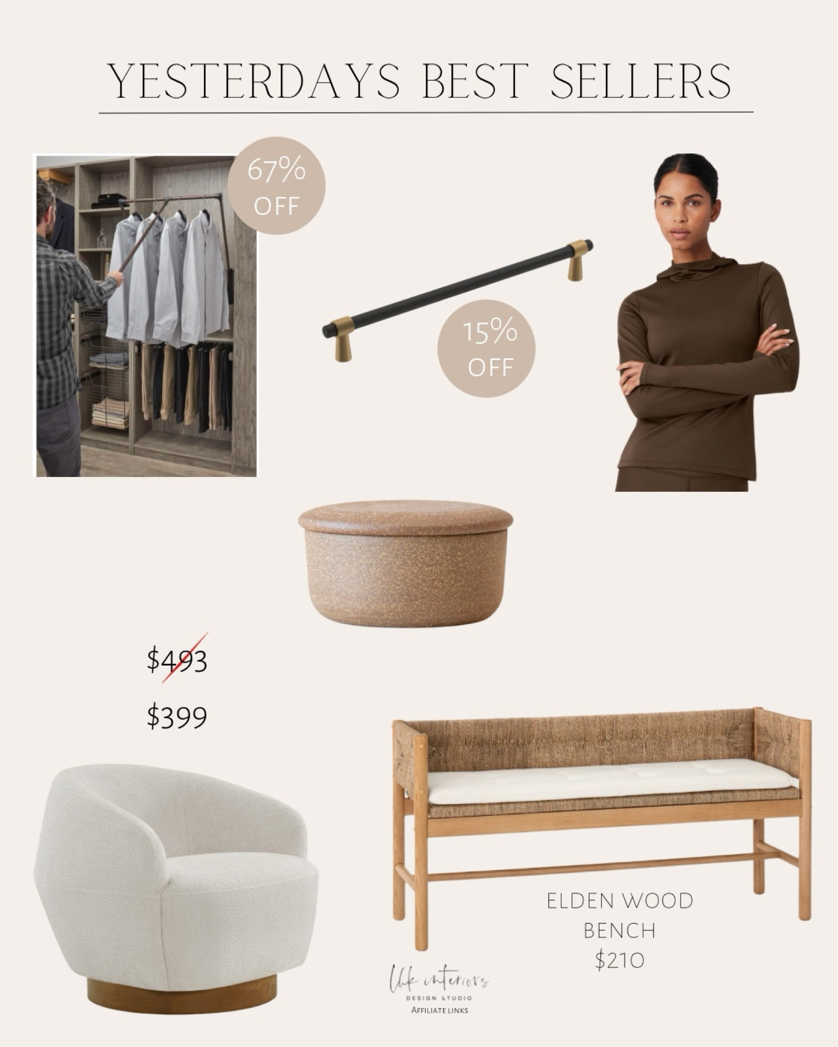 Yesterdays best sellers 
French butter keeper / center to center bar pull / adjustable pull down closet rod / accent chair / Elden wood bench / warm hooded runner 

#LTKsalealert #LTKU #LTKhome