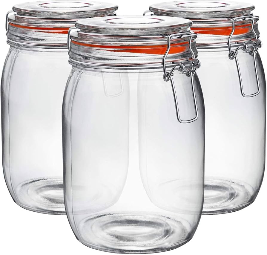 Argon Tableware 3x 1000ml (1 Litre) Clear Glass Storage Jars with Orange Airtight Silicone Seal a... | Amazon (UK)