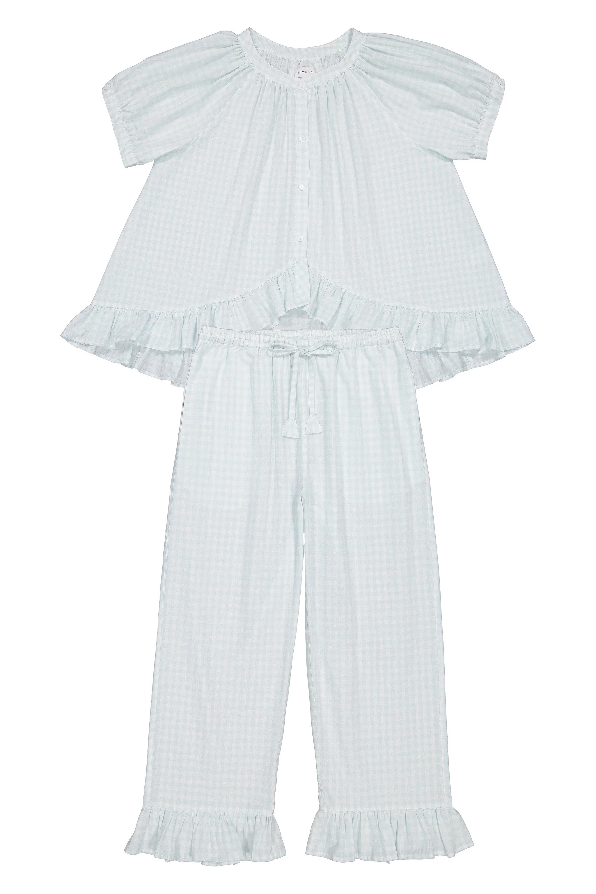 Sophie Sleep Set - Pants - Cotton - Gingham Pale Blue | Piyama US