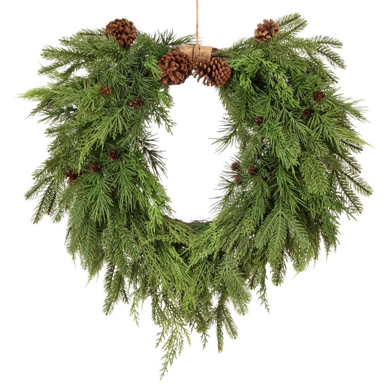 26" Natural Touch Mix Evergreen Heart Wreath | Wayfair North America