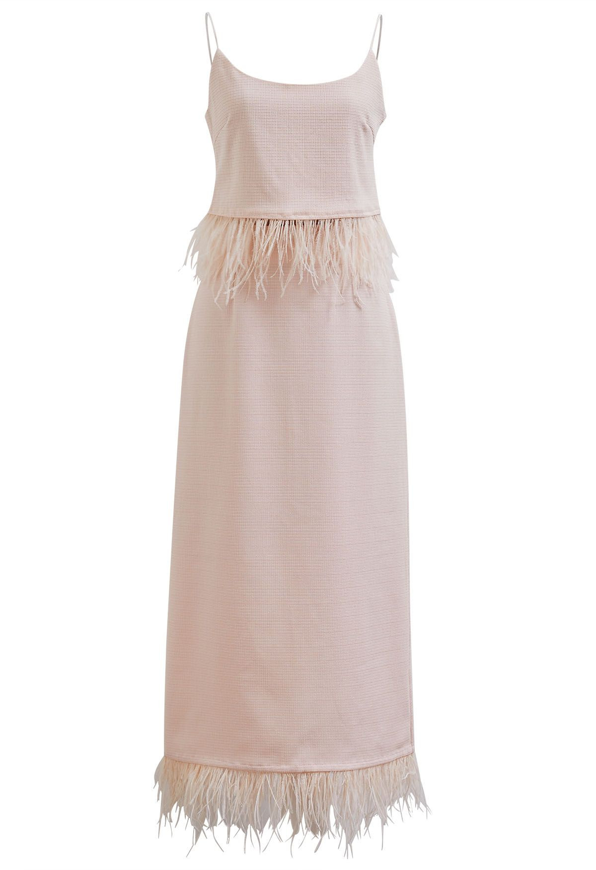Feather Trim Tweed Cami Top and Skirt Set in Pink | Chicwish