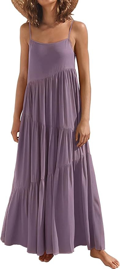 Womens Summer Dresses Loose Sleeveless Spaghetti Strap Asymmetric Tiered Maxi Dress | Amazon (US)