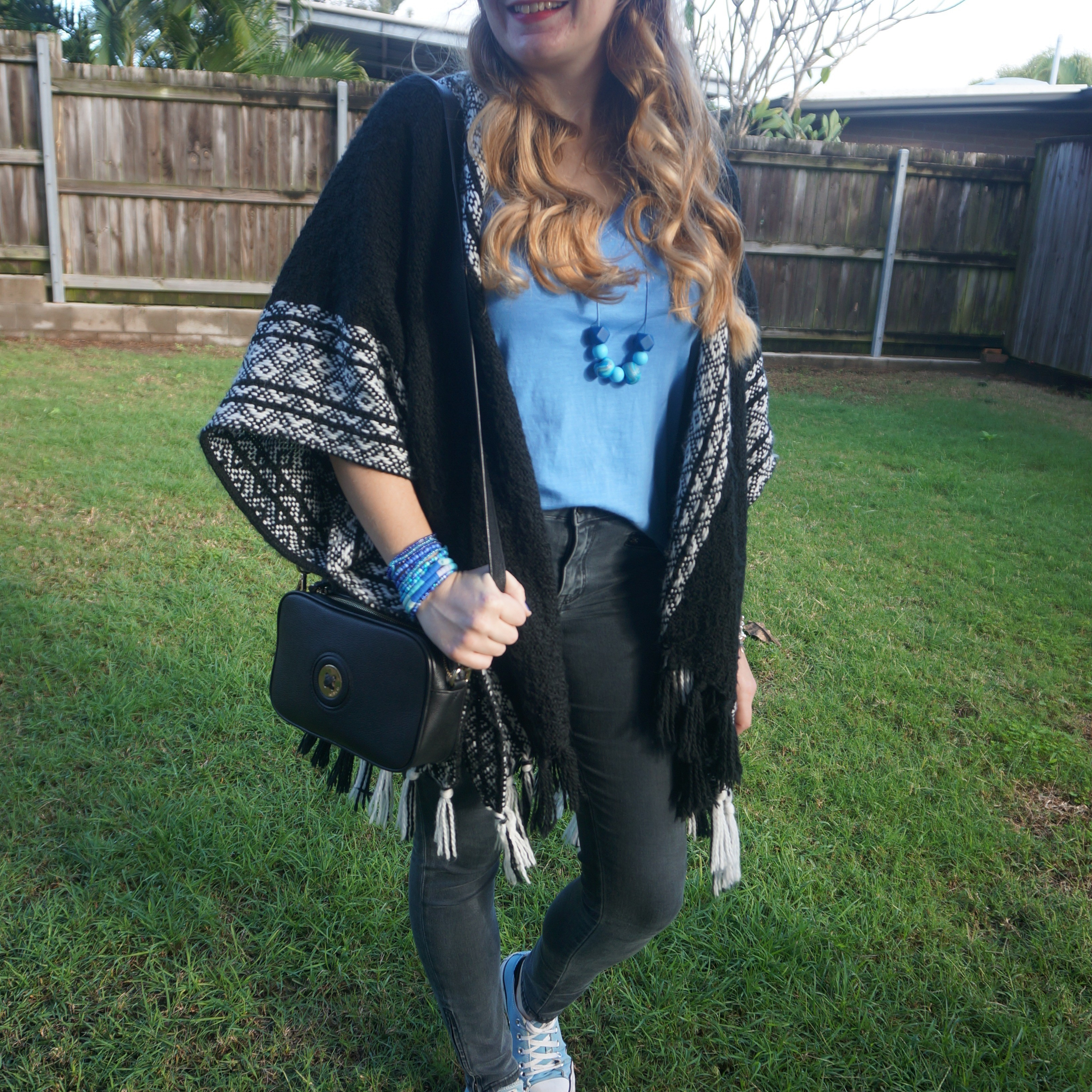 Blue and black with skinny jeans, tee, Converse, Rebecca Minkoff ruana poncho and Mimco Mim-mazing crossbody bag 💙 

#LTKaustralia #LTKwinter #LTKbag
