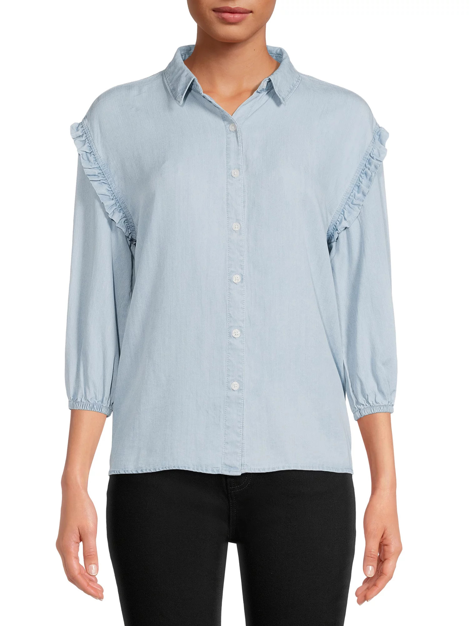 Time and Tru Women's Ruffle Sleeve Button Front Shirt | Walmart (US)