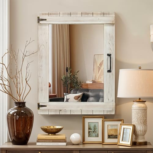 Oakrain Farmhouse Mirror, 24x32 Inch Distressed White Wood Frame with Black Metal Hinges, Rustic Wall Mirror for Bathroom, Living Room, Entryway, Bedroom | Amazon (US)