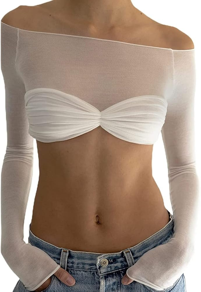 Women Off Shoulder Mesh Crop Tops Ruched Twisted Y2K Tshirt Long Sleeve Slim Fitted T-Shirts Crop... | Amazon (US)
