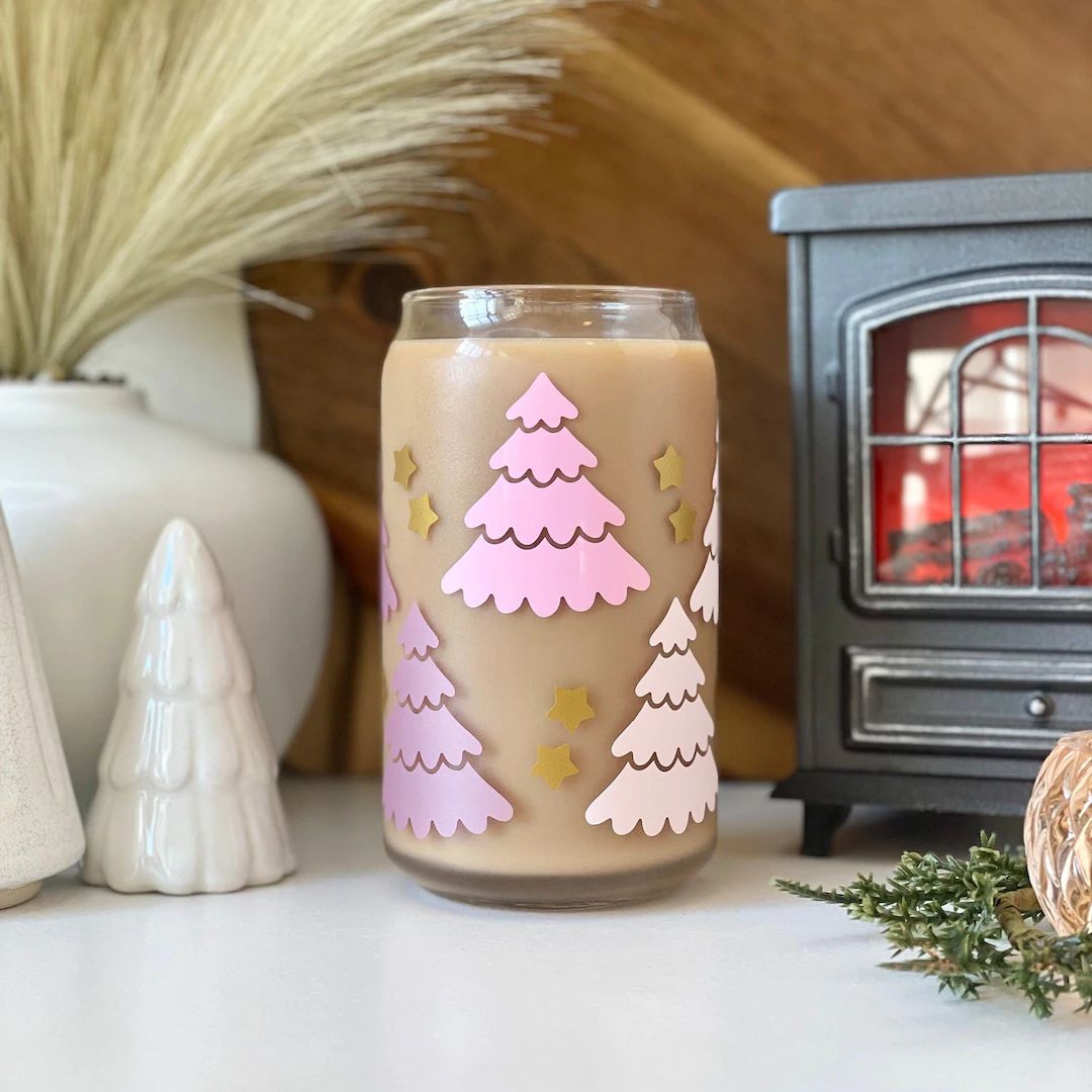 Pink Christmas Tree Glass Can Tumbler 16oz Christmas Tree - Etsy | Etsy (US)