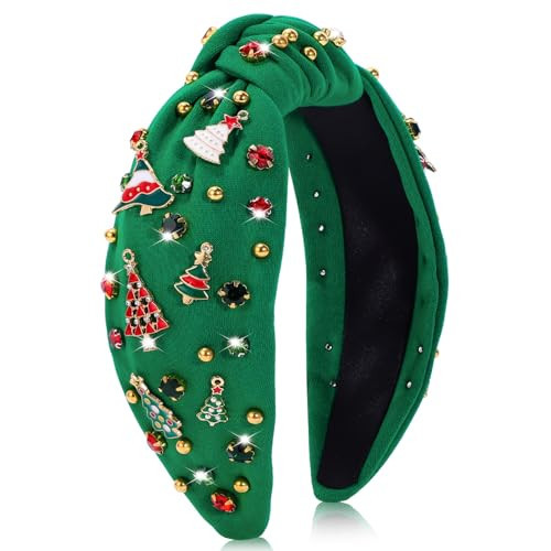 obeoby Christmas Headband for Women, Knotted Headbands with Christmas Tree Crystal Pearl Snowflake Decorations Holiday Hairband | Amazon (US)