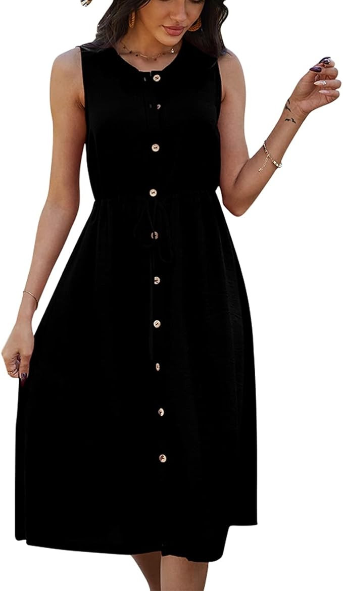 YOXUA Women's Summer Dress Sleeveless Crewneck Buttons Tie Waist Casual Plain A-Line Midi Dress | Amazon (UK)