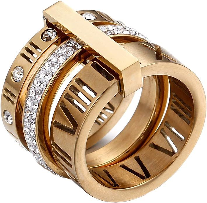 PAMTIER Women's Stainless Steel with Zirconia Roman Numerals 3 in 1 Ring | Amazon (US)