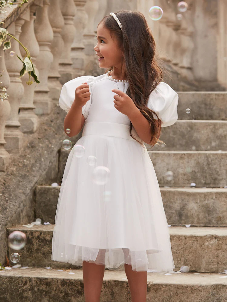 Lipsy Ivory Flower Girl Puff Sleeve Occasion Dress (2-11yrs) | Next US