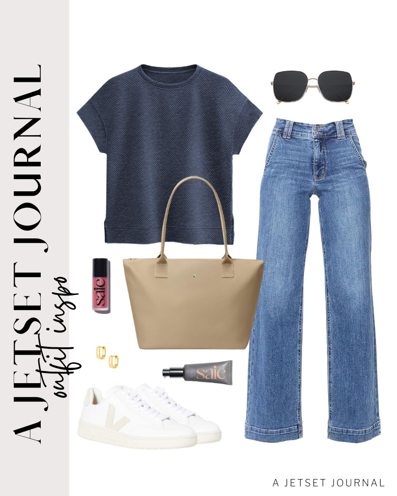 This pair of navy blue crewneck top and jeans is one of my favorites. You can wear it with Veja sneakers and accessorize with trendy sunnies from SOJOS and this stylish nylon tote bag. Perfect casual fit for travel or errand runs. 

 #LTKSeasonal #LTKSaleAlert #LTKTravel