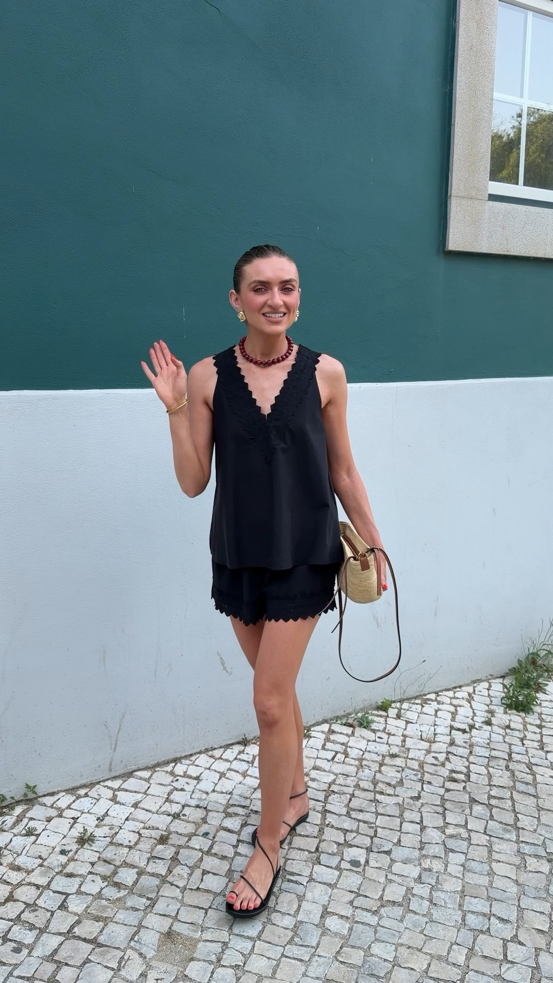 Holiday evening outfit 
UK 6 in the DISSH top and shorts
Added similar to get the look 
Loewe raffia boa
Ancient Greek Sandals
& other stories gold shell earrings 
& Other stories red beaded necklace _sold out I think so linked similar