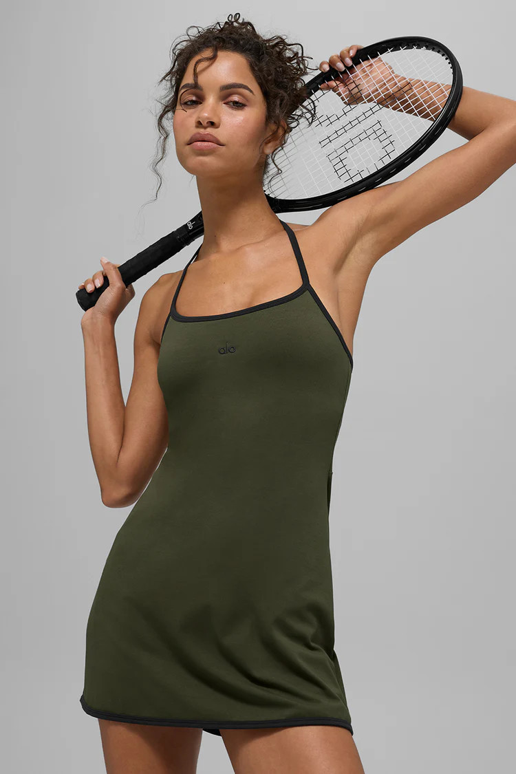 ALO Softsculpt Halter Tennis Dress - Green Olive/Black | Alo Yoga (US)
