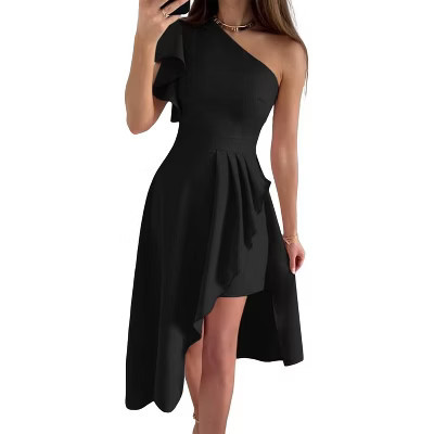 Women's One Shoulder Cocktail Party Dress Ruffle Fitted Pleated High Low Hem Black XL | Target