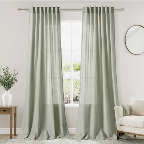 Nanspring Sage Green Curtains 92 Inch Length 2 Panels Back Tab Pocket Light Filtering Semi Sheer Drapes Linen Cotton Textured Airy Farmhouse Sage Living Room Decor Light Green Curtains for Bedroom | Amazon (US)