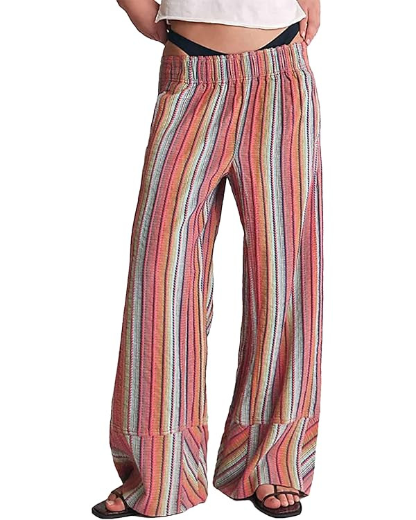 Bozanly Women's Striped Wide Leg Lounge Pants Boho Elastic Waist Loose Casual Trousers with Pocke... | Amazon (US)